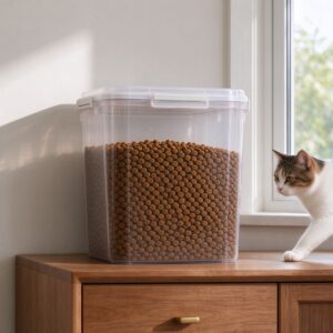 透明密封储粮桶装满猫粮颗粒木柜上猫路过的猫咪喂养图片