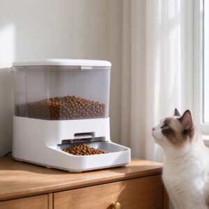 白色自动宠物喂食器放木柜上猫抬头看的猫咪用品图片