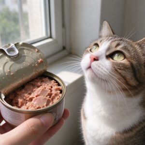 打开的猫罐头装肉块湿粮猫抬头看的猫咪喂养图片
