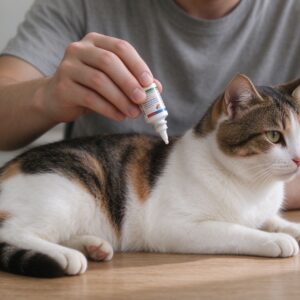 猫趴桌面主人拿驱虫药准备滴后颈的猫咪健康图片