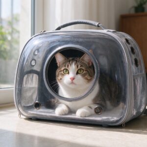 透明透气外出猫包地上里面猫探出头的猫咪用品图片