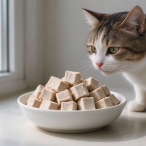 白碗装块状冻干零食旁边猫凑近闻的猫咪喂养图片
