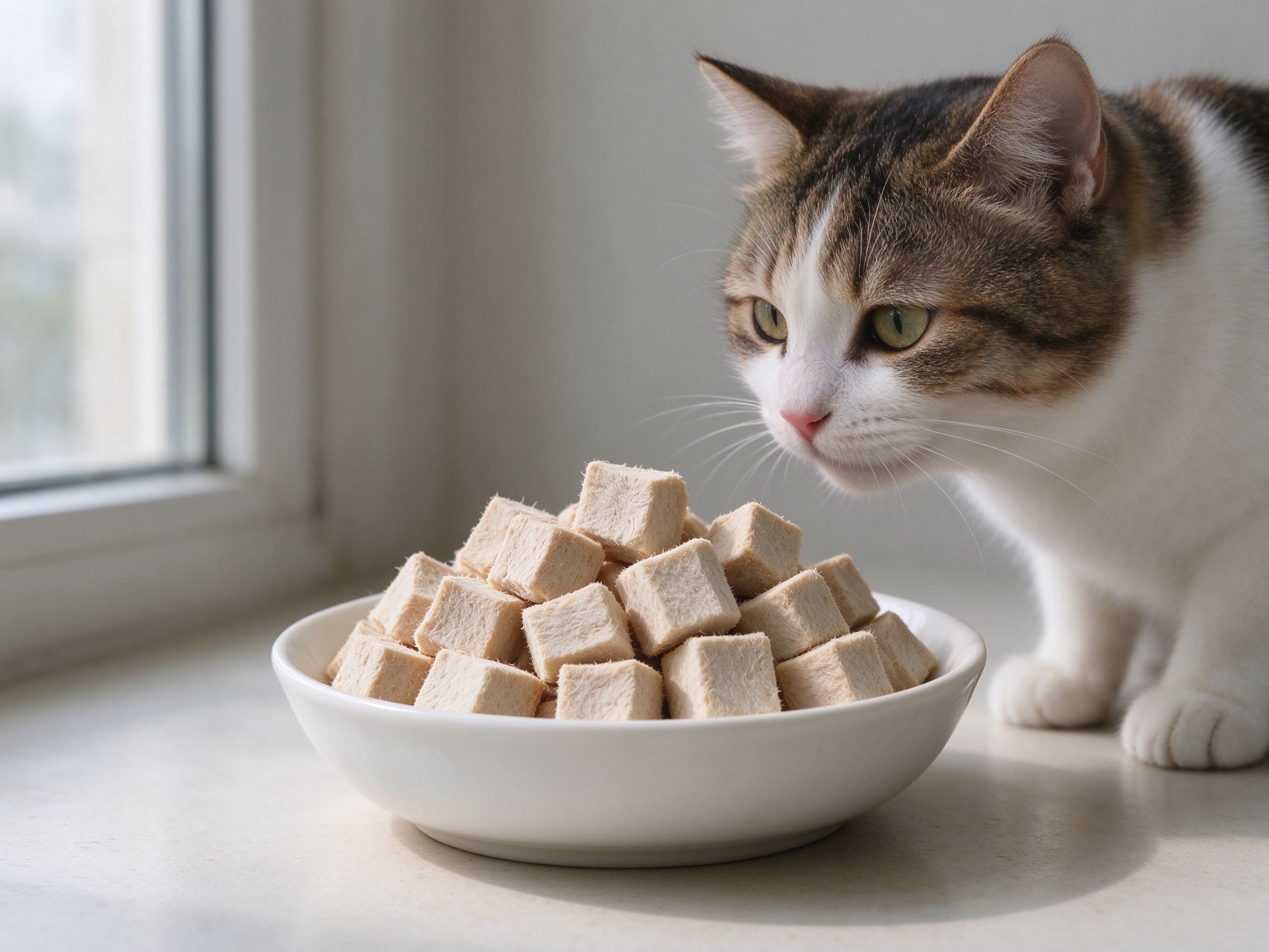 白碗装块状冻干零食旁边猫凑近闻的猫咪喂养图片