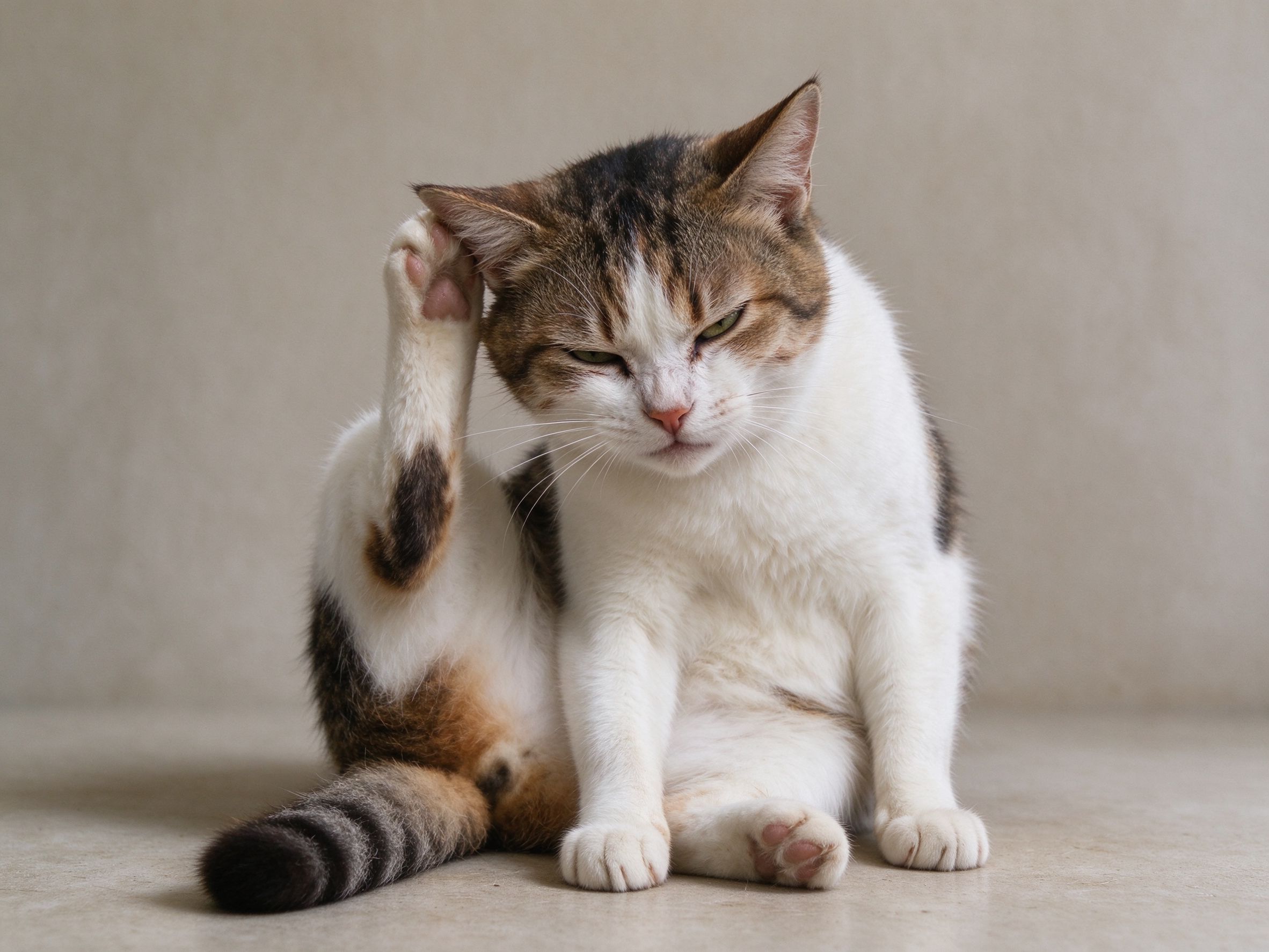猫坐着用后脚挠耳朵表情烦躁的猫咪健康图片