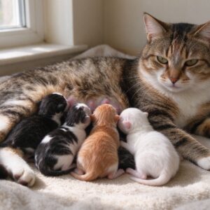 母猫安静躺着旁边几只新生小猫依偎吃奶的猫咪喂养图片