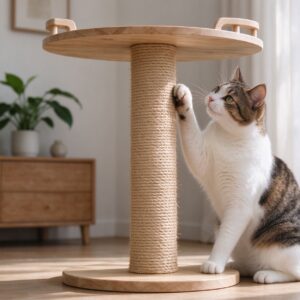 木质猫爬架中间缠天然剑麻柱猫正在抓磨爪子的猫咪用品图片