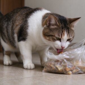 猫凑着地上塑料袋用鼻子闻舔的猫咪行为图片