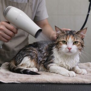猫刚洗完澡被人用吹风机轻柔吹毛趴毛巾上的猫咪护理图片
