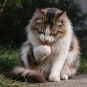 长毛猫坐着舔前肢整理毛发的猫咪健康图片