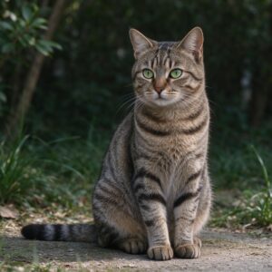 经典虎斑狸花猫棕灰条纹绿眼睛机警端坐的猫咪品种图片
