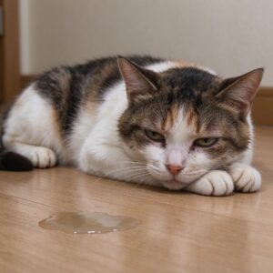 猫精神不振趴地板上眼神倦怠旁边一小摊水迹的猫咪健康图片