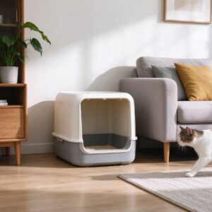 客厅角落封闭式猫砂盆旁边猫走过的猫咪用品图片