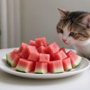 白盘切好西瓜块旁边猫好奇凑近闻的猫咪喂养图片