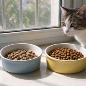 两个食碗并排装新旧猫粮旁边猫看的猫咪喂养图片