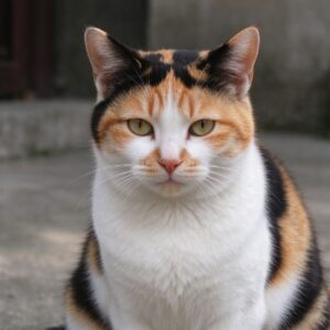 白黑橘三色三花猫安静端坐的猫咪品种图片
