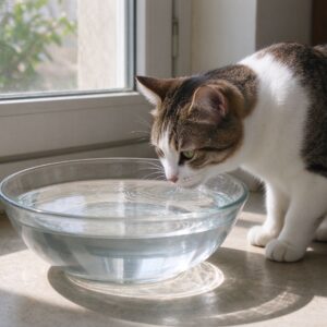 装清水的宽口碗地面旁猫低头喝水的猫咪喂养图片