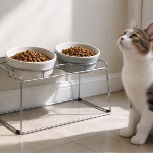 高架金属宠物食架放两个陶瓷碗装猫粮旁边猫抬头看的猫咪用品图片