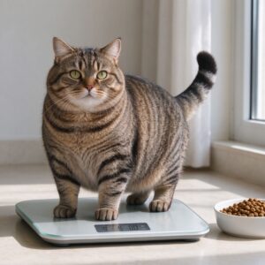 胖胖虎斑猫站体重秤上旁边一碗减脂粮的猫咪喂养图片