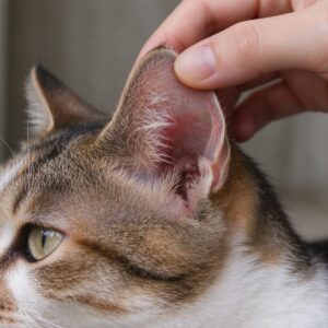 一只手轻翻猫耳朵耳朵里干净微红的猫咪健康图片