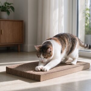 瓦楞纸猫抓板放地面一只猫正在上面磨爪子的猫咪用品图片