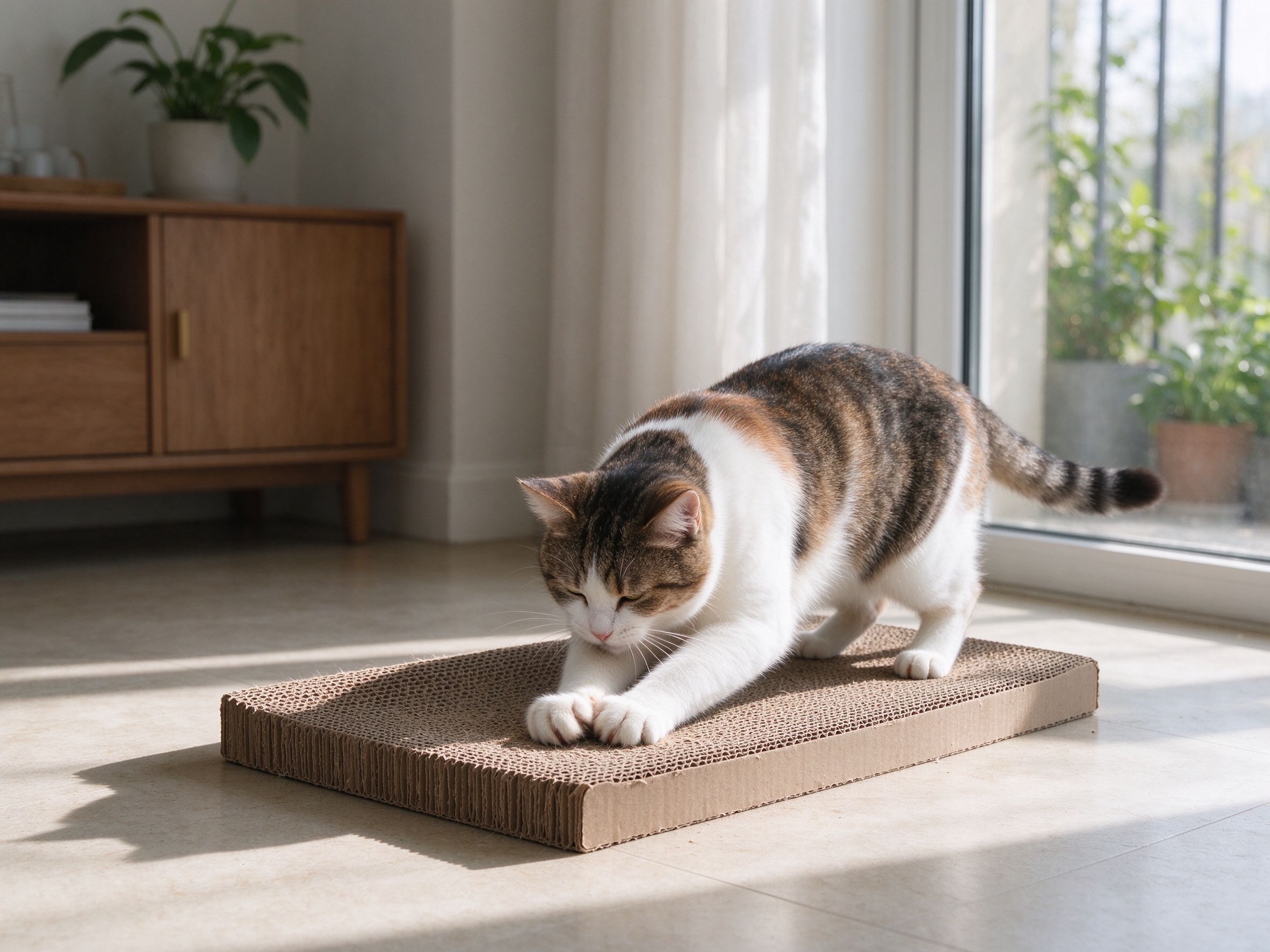 瓦楞纸猫抓板放地面一只猫正在上面磨爪子的猫咪用品图片