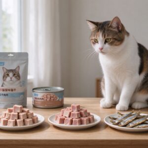 桌面摆着几小堆猫咪零食冻干肉块小鱼干旁边猫坐着等吃的猫咪喂养图片
