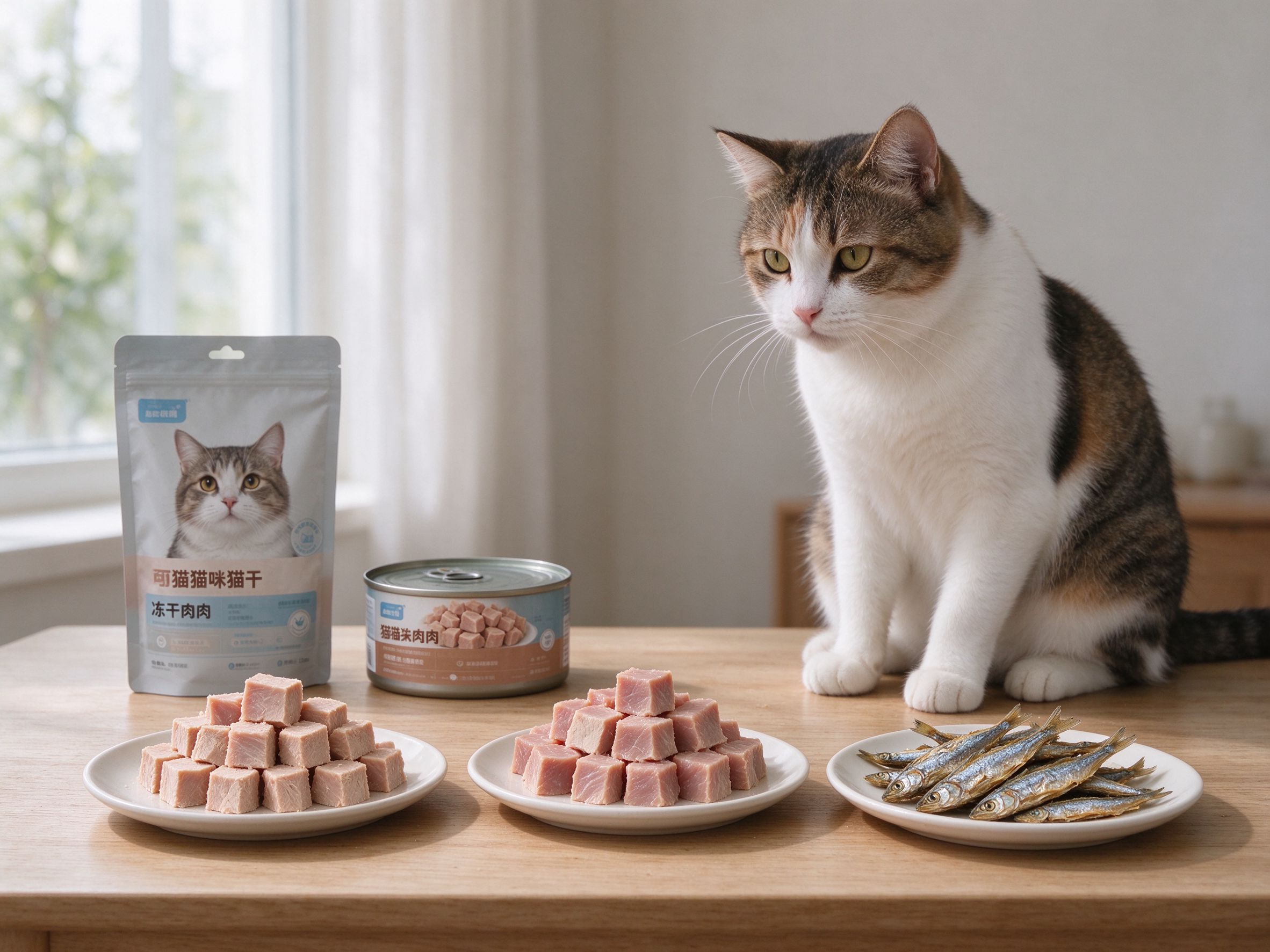 桌面摆着几小堆猫咪零食冻干肉块小鱼干旁边猫坐着等吃的猫咪喂养图片
