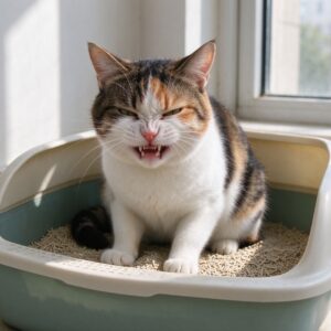 猫蹲在猫砂盆里表情用力的猫咪健康图片