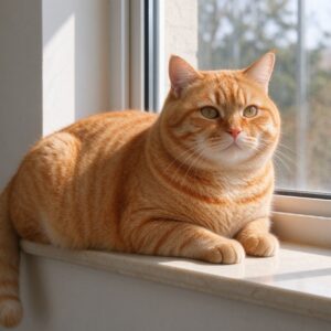 橘色虎斑猫胖胖圆脸圆肚子趴窗台晒太阳的猫咪品种图片