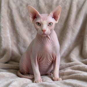 斯芬克斯无毛猫皮肤皱粉红大耳朵坐柔软毯子上的猫咪品种图片