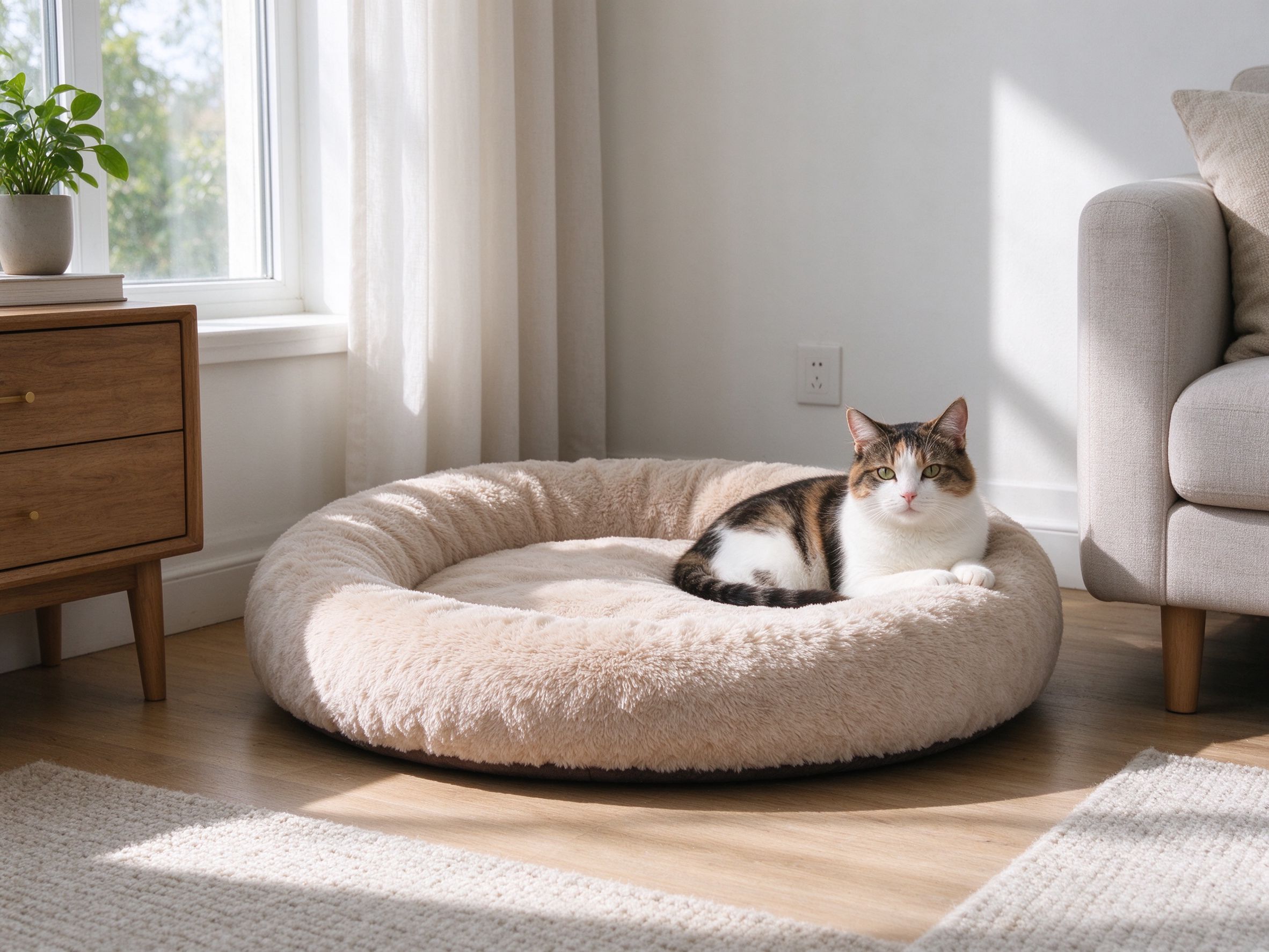 柔软圆形猫窝软垫放客厅角落旁边一只猫趴进去的猫咪用品图片