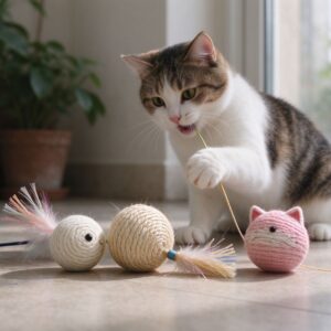 地面摆着几个不同的猫咪玩具逗猫棒小球旁边猫玩的猫咪用品图片