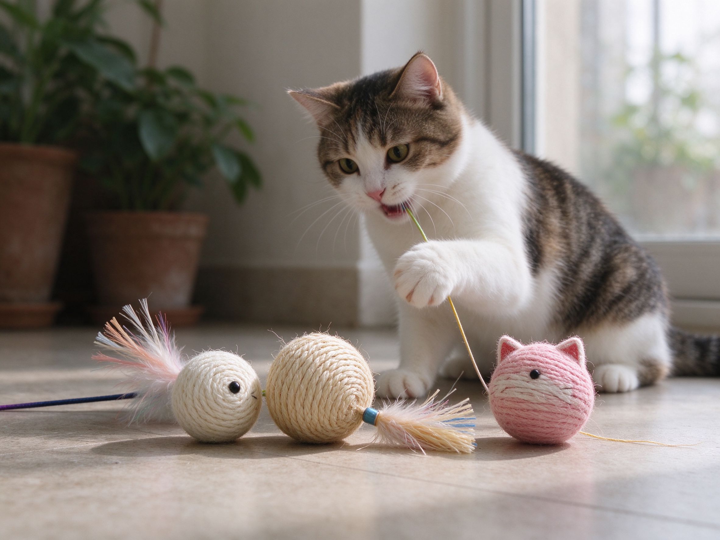 地面摆着几个不同的猫咪玩具逗猫棒小球旁边猫玩的猫咪用品图片