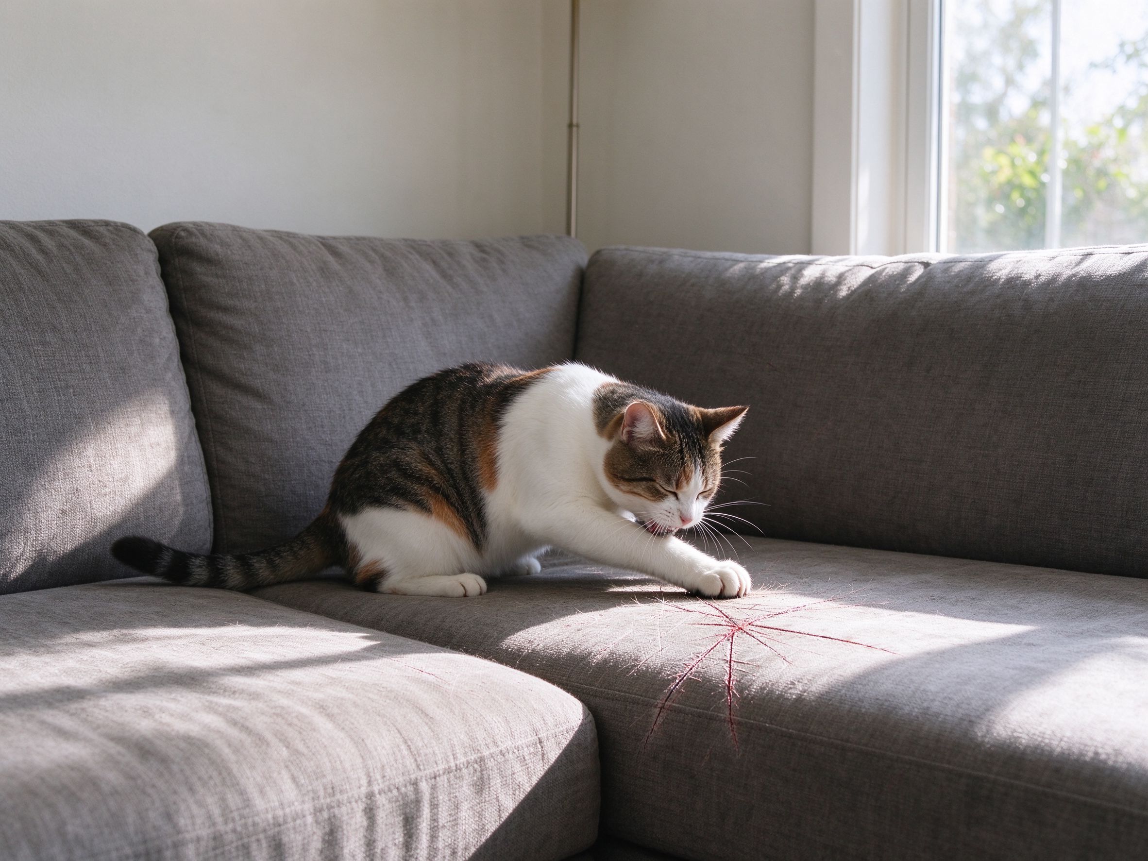 猫在沙发角上磨爪子沙发有抓痕的猫咪行为图片