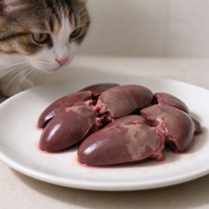 白盘里放着几块熟鸡肝旁边猫凑近闻的猫咪喂养图片