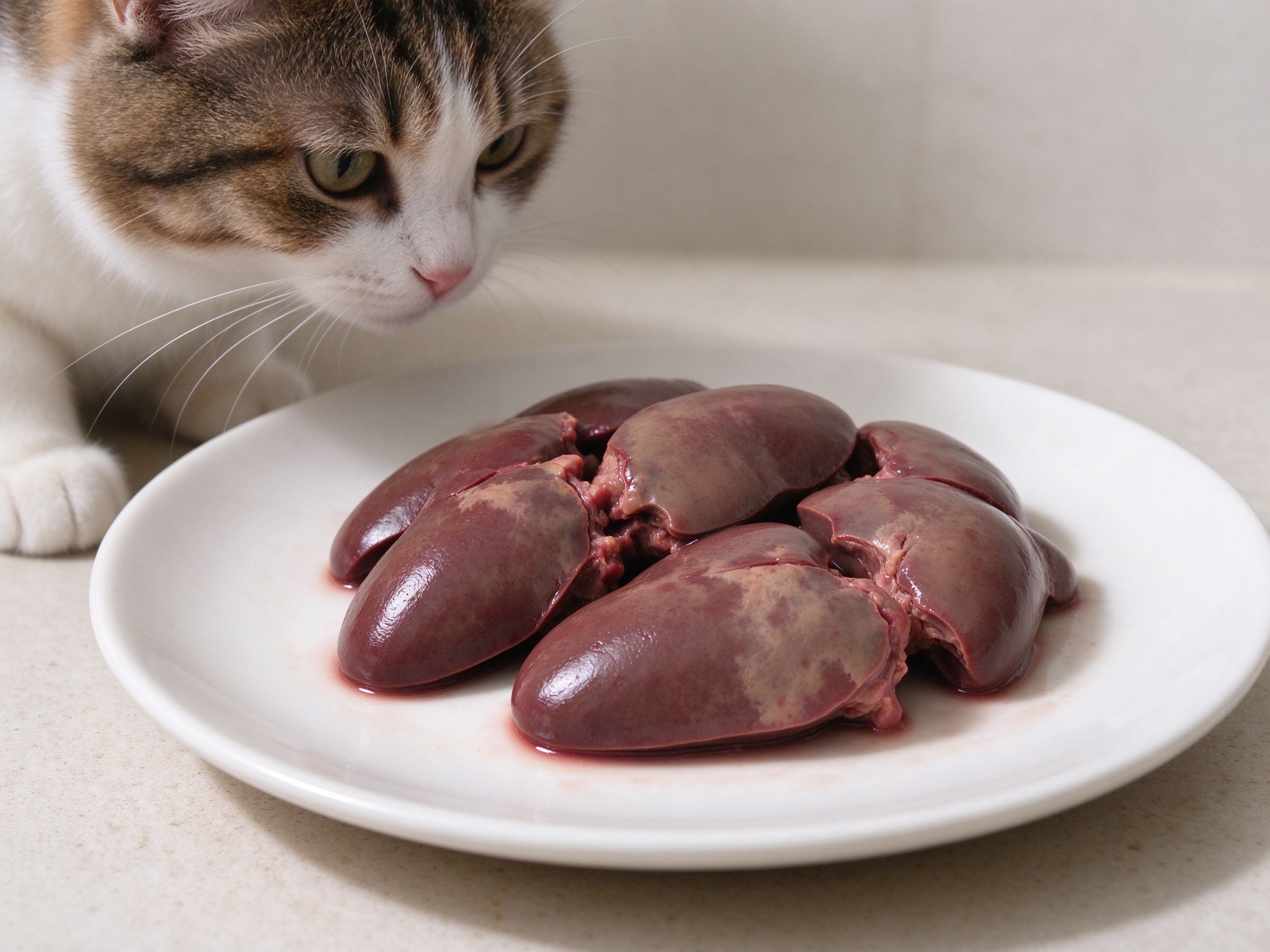 白盘里放着几块熟鸡肝旁边猫凑近闻的猫咪喂养图片