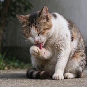 猫坐着过度舔自己前肢局部毛发变稀的猫咪健康图片