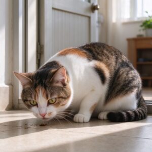 猫蹲门口地面低头闻地面表情疑惑的猫咪健康图片
