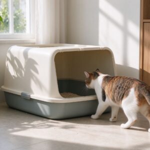 大号开放式猫砂盆地面旁猫走进去的猫咪用品图片
