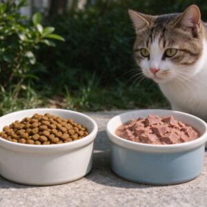 两个食碗并排装干粮颗粒和肉块湿粮旁边猫看的猫咪喂养图片