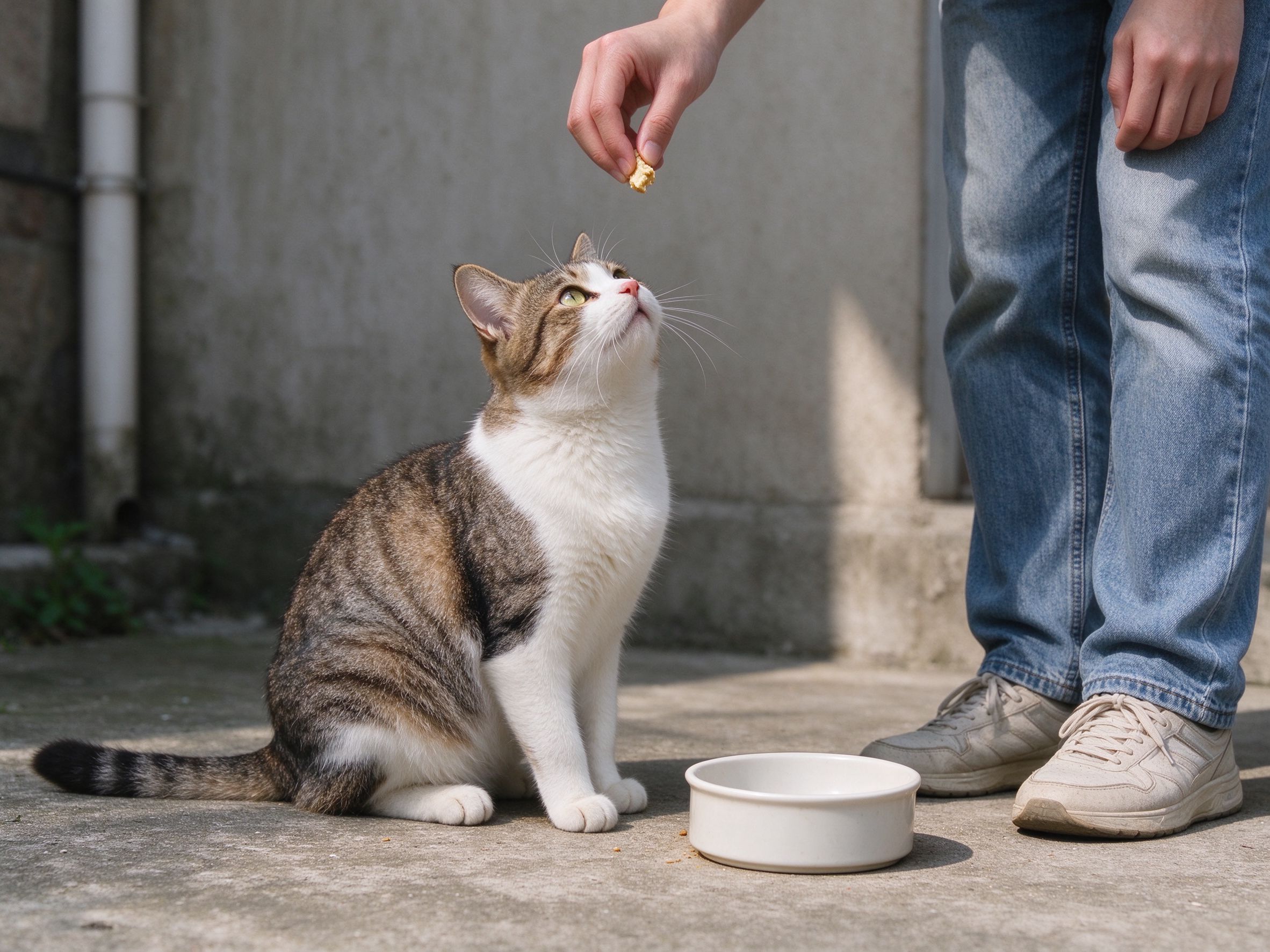 猫蹲空食碗旁抬头盯着人要吃的猫咪喂养图片