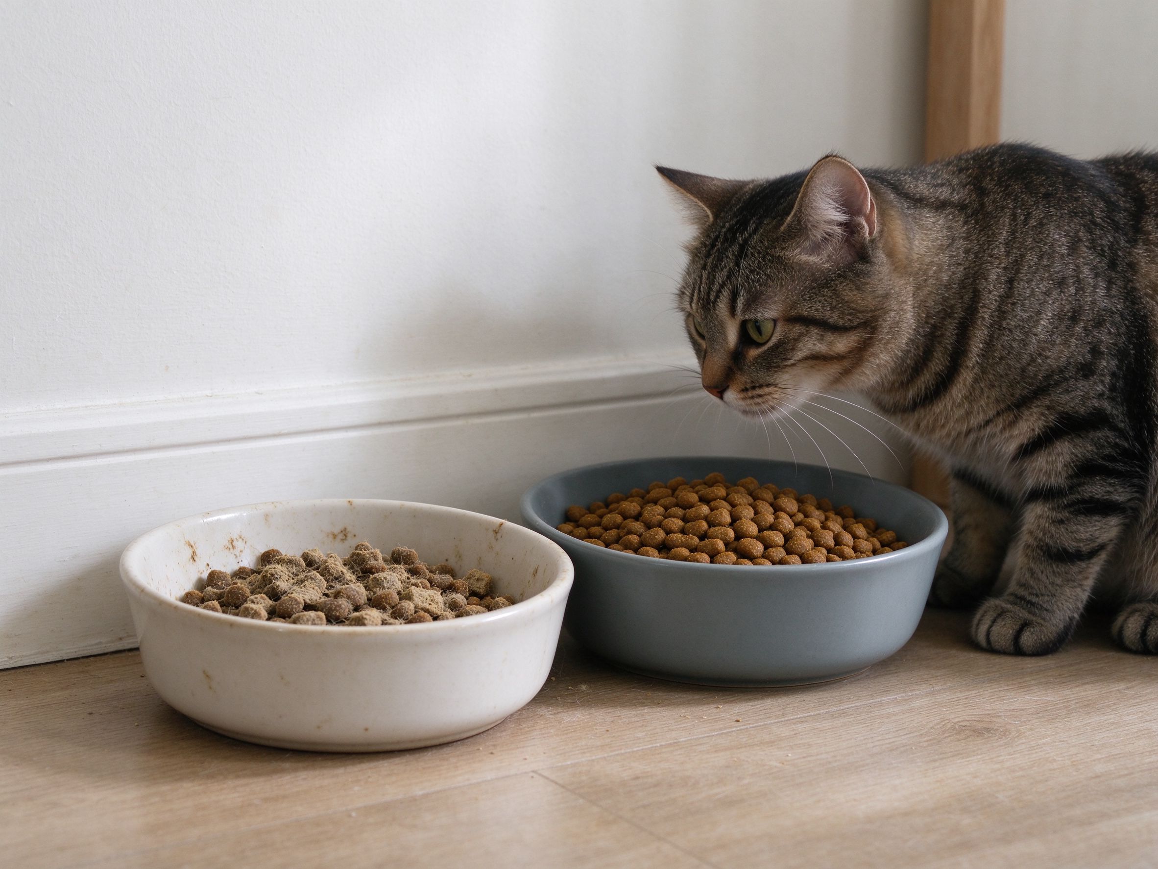 两个碗一个旧猫粮一个新猫粮虎斑猫凑过来闻的猫咪喂养图片