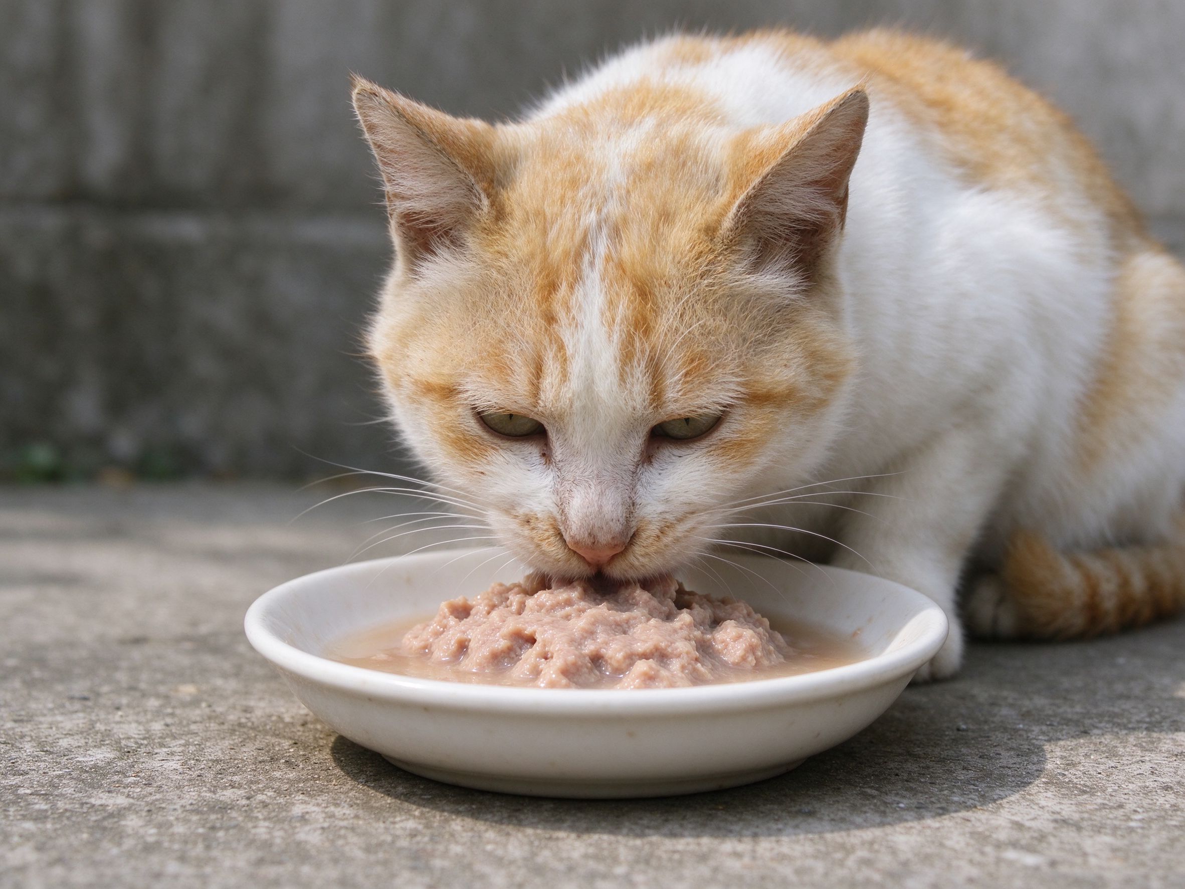 年纪大的老猫正慢慢吃碗里泡软软食的猫咪喂养图片