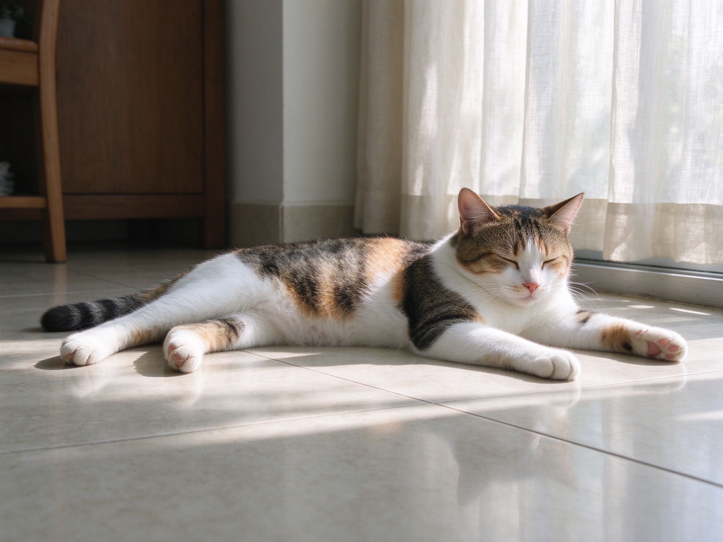 猫四脚伸开平趴凉凉瓷砖地板上避暑的猫咪喂养图片