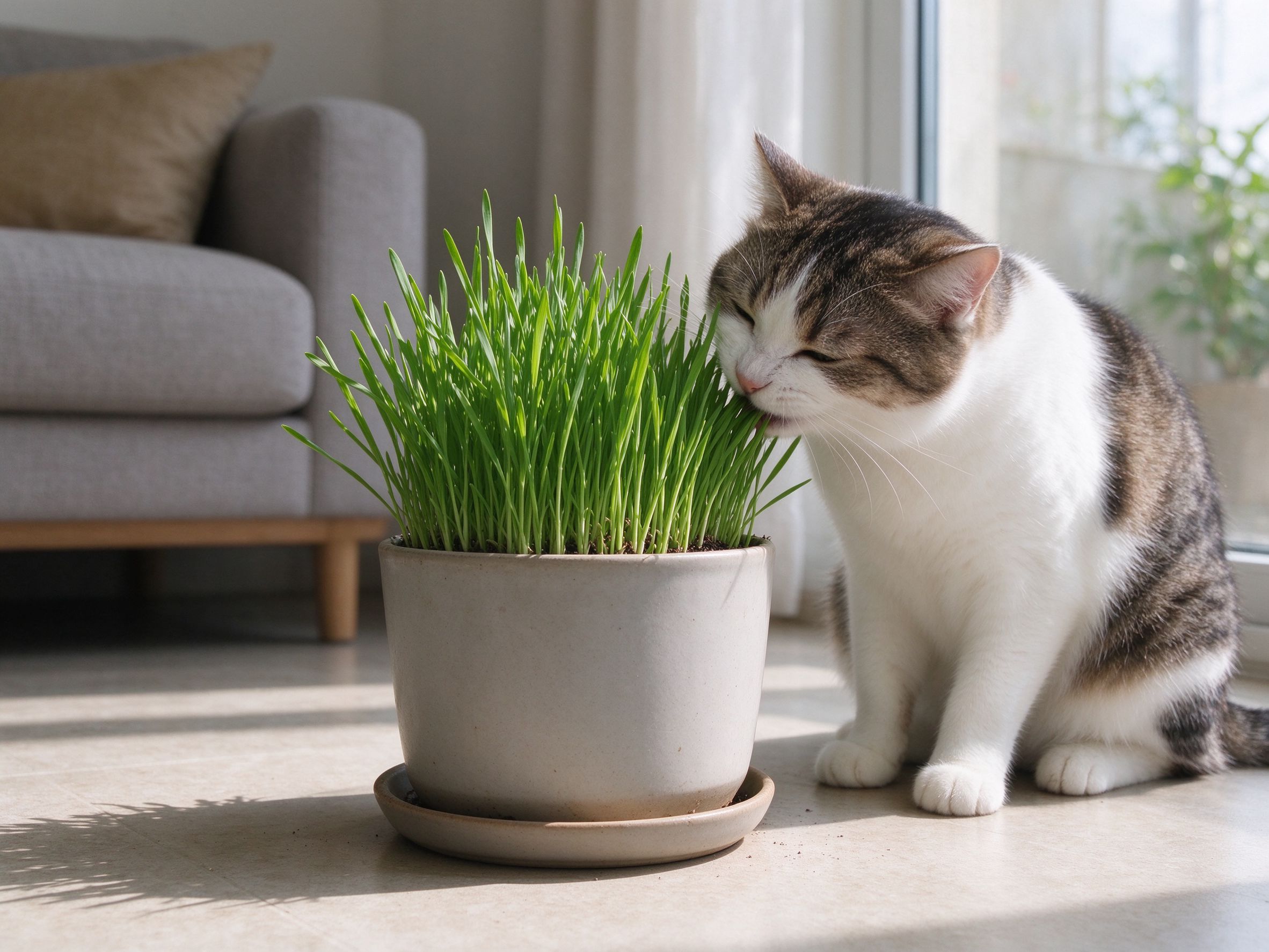一盆绿油油的猫草放地上猫低头正在啃食的猫咪喂养图片
