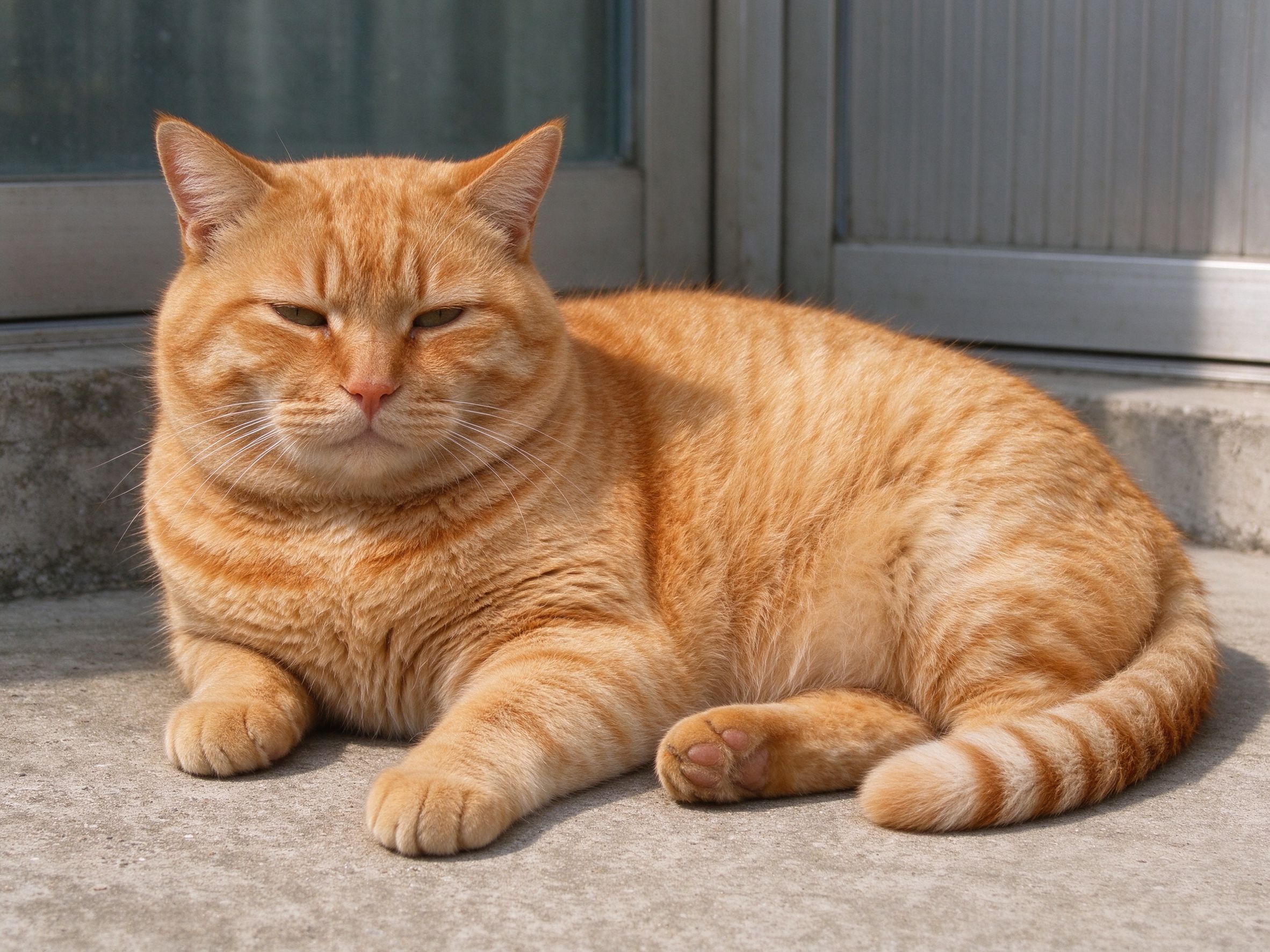 圆滚滚微胖的橘色公猫慵懒趴着肚子圆的猫咪喂养图片