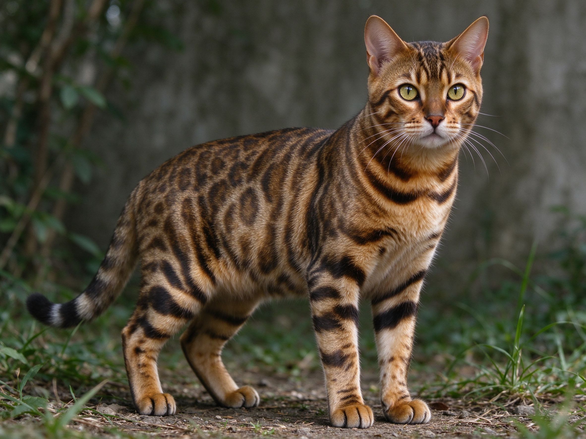 身上金棕色豹纹的孟加拉豹猫站地上肌肉结实眼神灵活的猫咪品种图片
