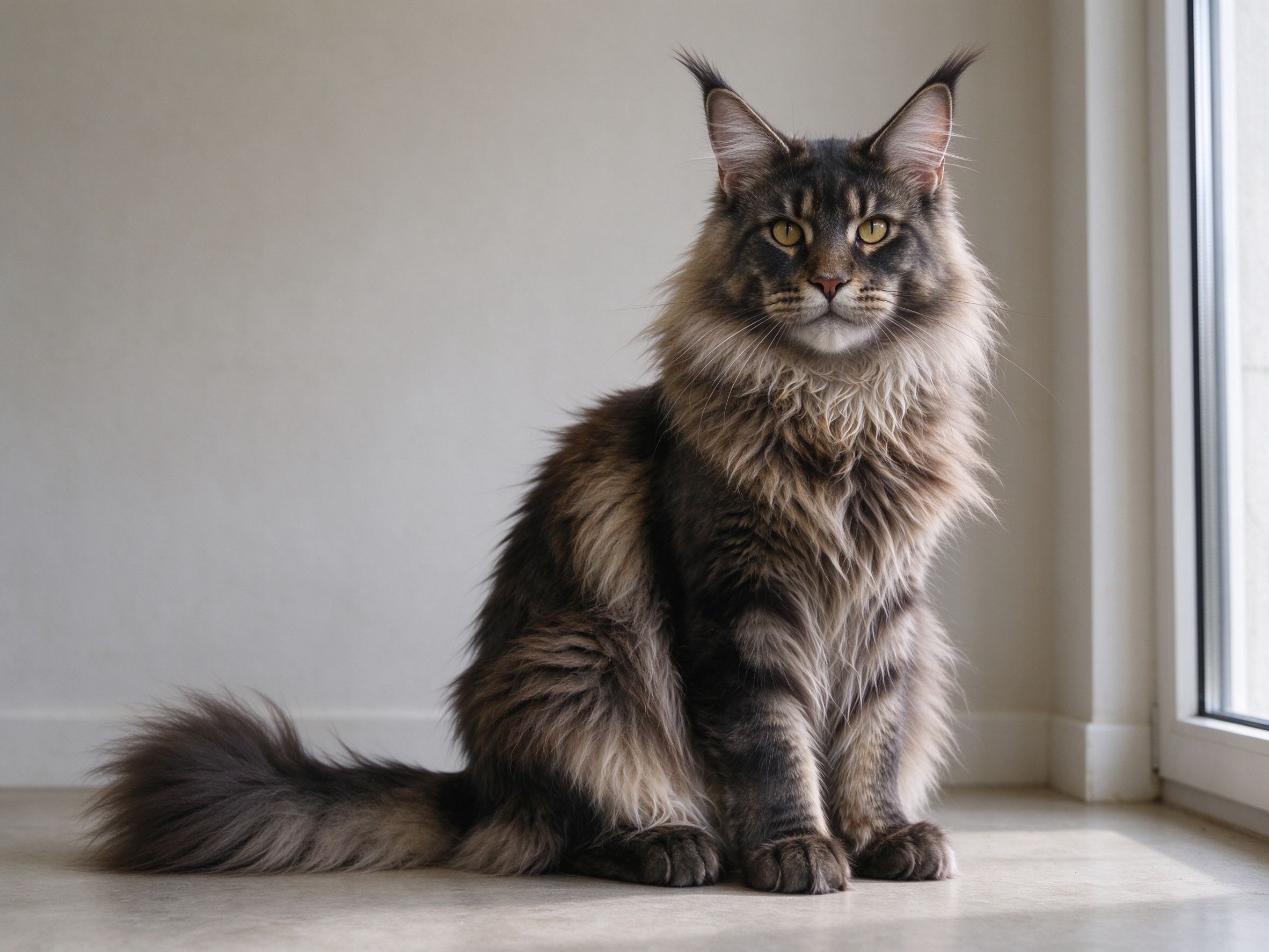 体型很大的缅因猫长毛蓬松耳尖簇毛坐着尾巴大的猫咪品种图片