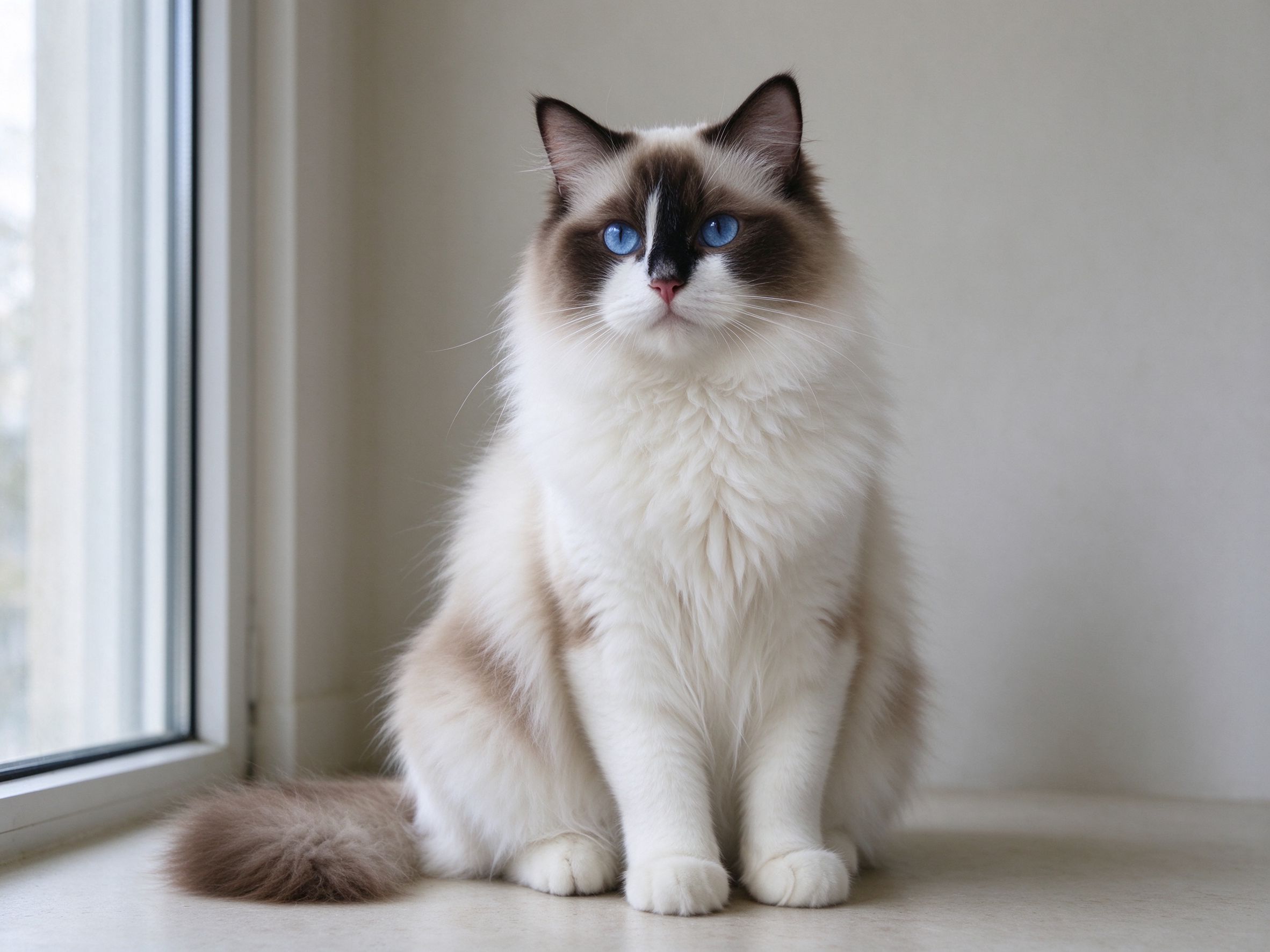 长毛蓝眼睛重点色布偶猫漂亮坐着的猫咪品种图片
