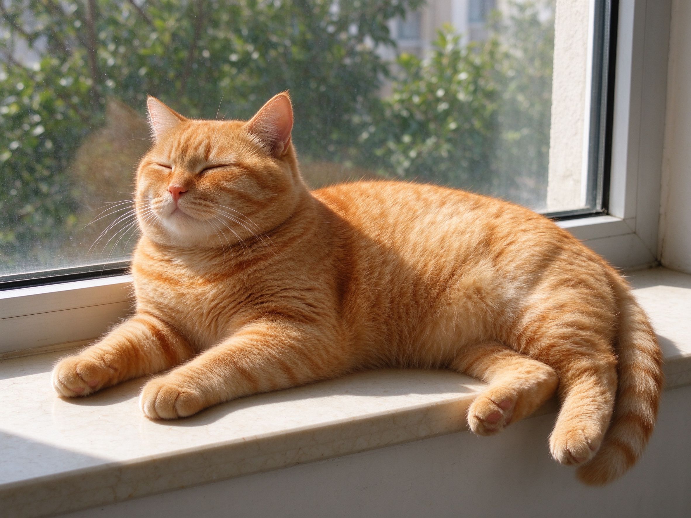 圆滚滚橘色中华田园猫躺在窗台上晒太阳的猫咪品种图片